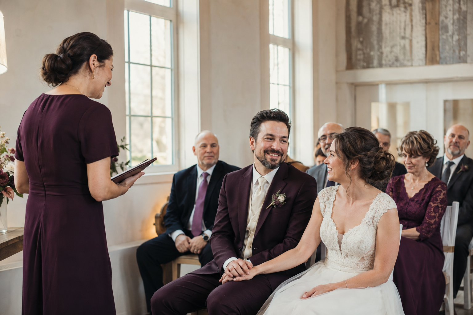 Un couple échange avec sa célébrante pendant sa cérémonie